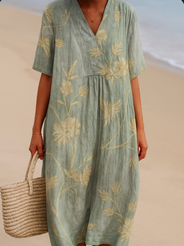 Olivia | Robe bleu-gris avec broderie florale