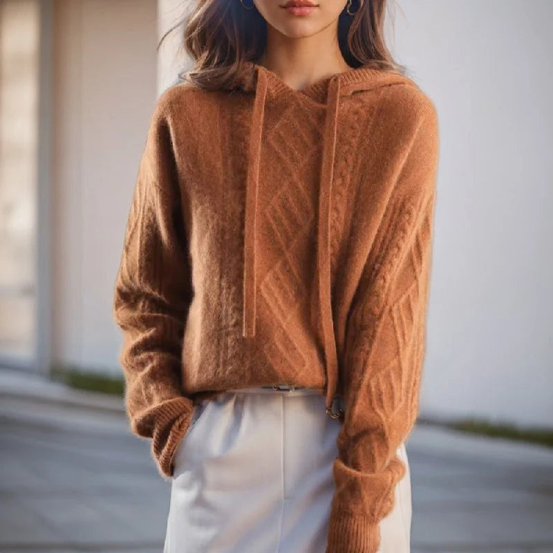 Liora Pull à Capuche | Maille Torsadée en Laine Mélangée avec Cordon 0
