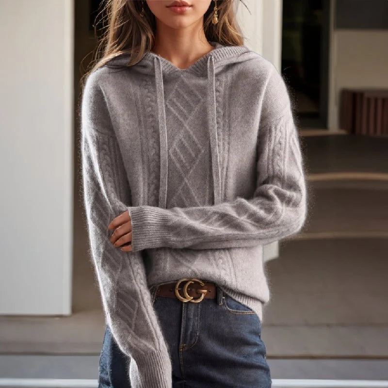 Liora Pull à Capuche | Maille Torsadée en Laine Mélangée avec Cordon 1