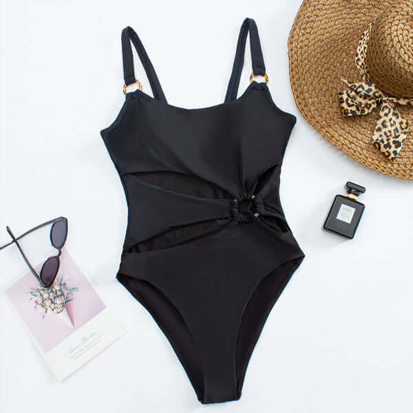Maillot de bain une pièce pour femme à col droit avec découpe frontale et détails anneaux