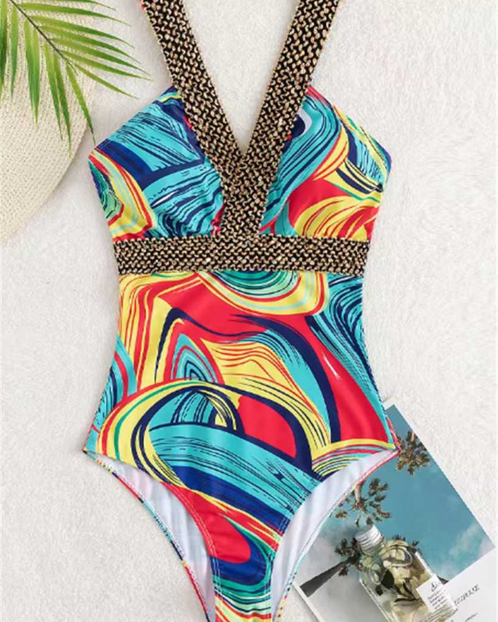 Maillot de bain une pièce pour femme, col en V – Imprimé abstrait et détails en perles dorées 3