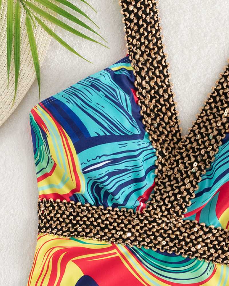 Maillot de bain une pièce pour femme, col en V – Imprimé abstrait et détails en perles dorées 4