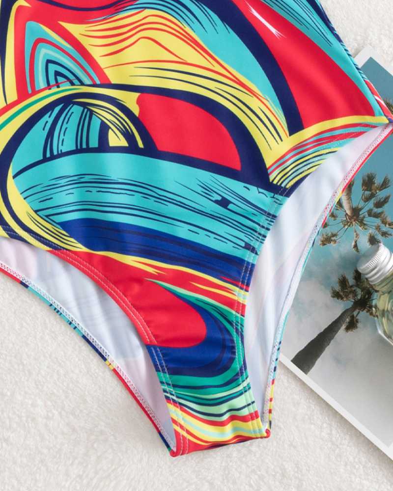 Maillot de bain une pièce pour femme, col en V – Imprimé abstrait et détails en perles dorées 5
