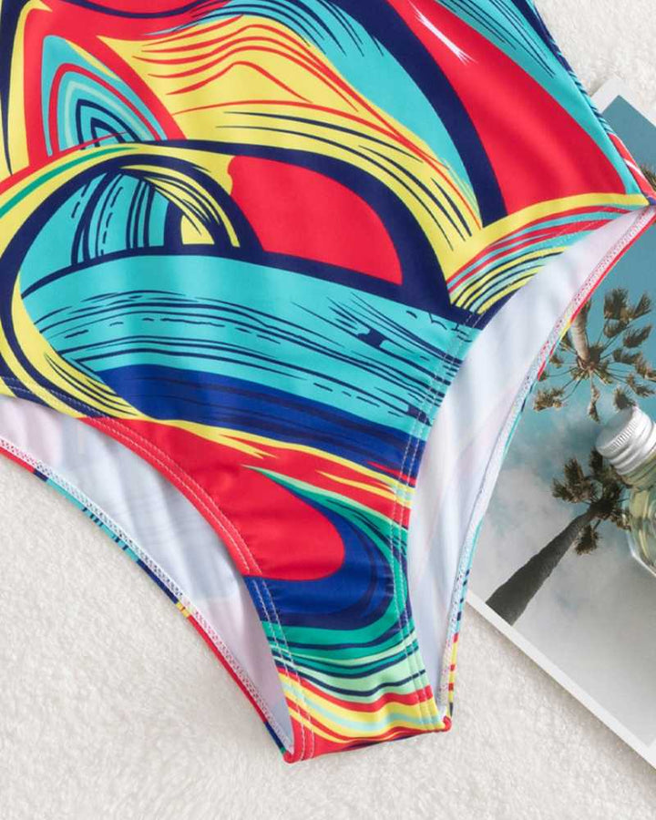Maillot de bain une pièce pour femme, col en V – Imprimé abstrait et détails en perles dorées 5