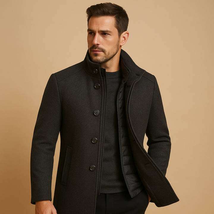 Manteau pour hommes | Manteau long à col montant avec fermeture avant