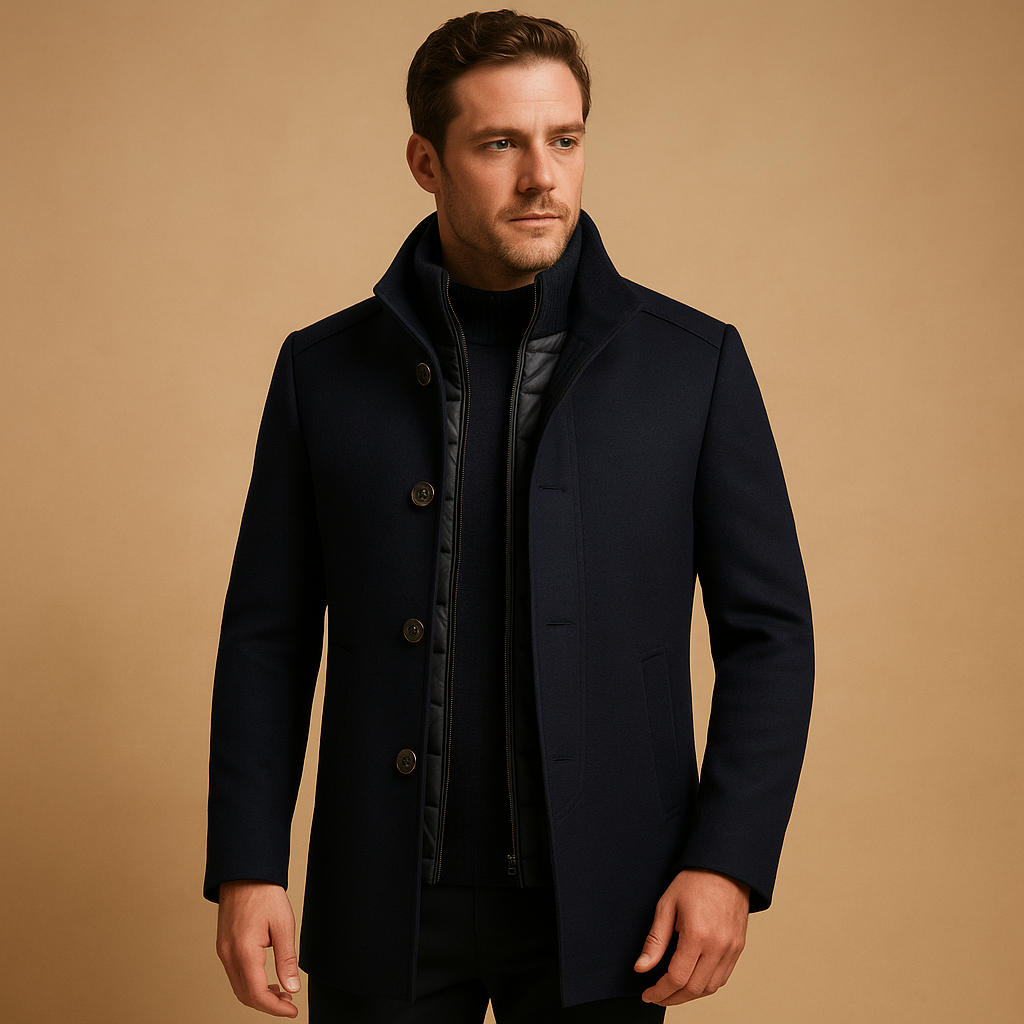 Manteau pour hommes | Manteau long à col montant avec fermeture avant