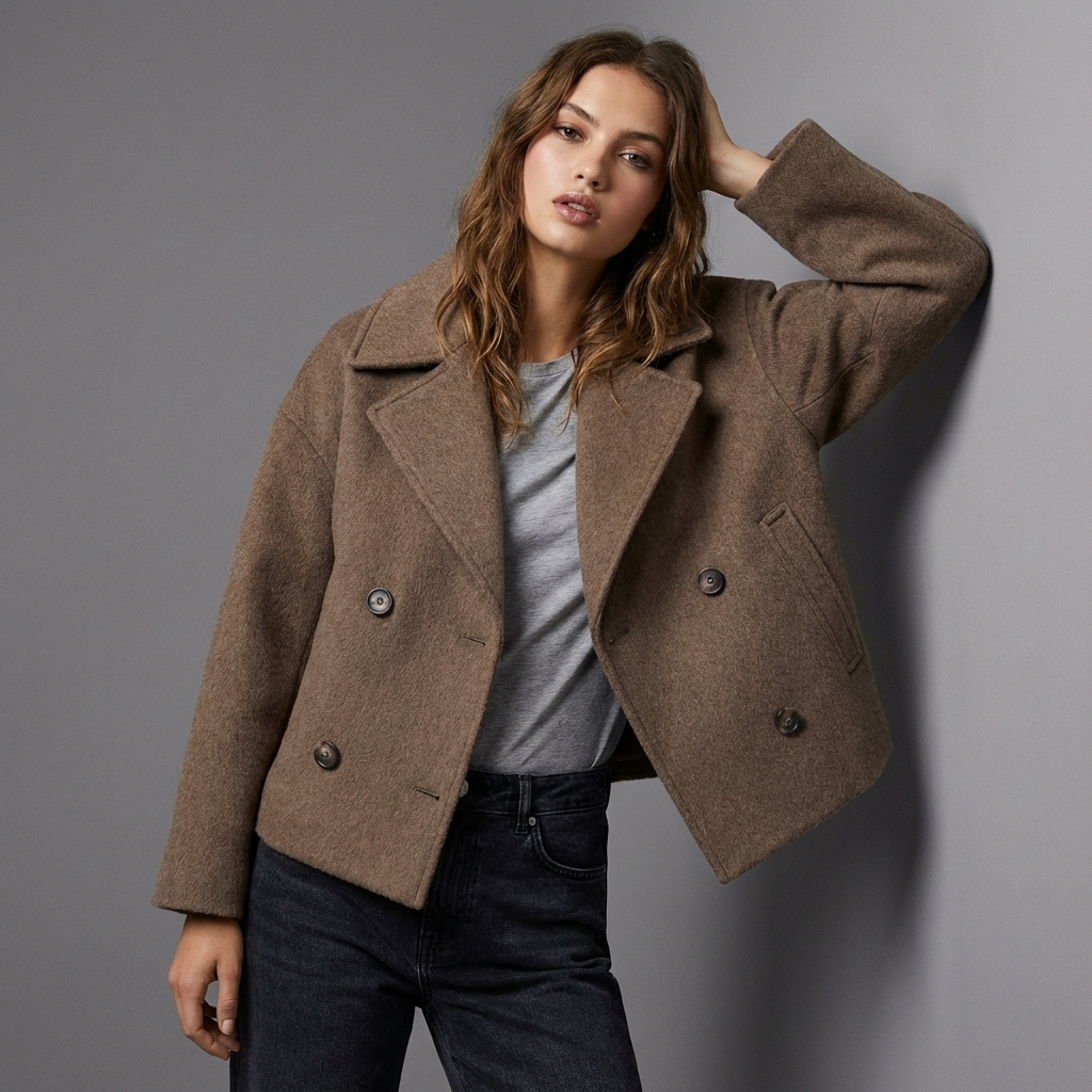 Manteau court femme coupe carrée croisée à boutons