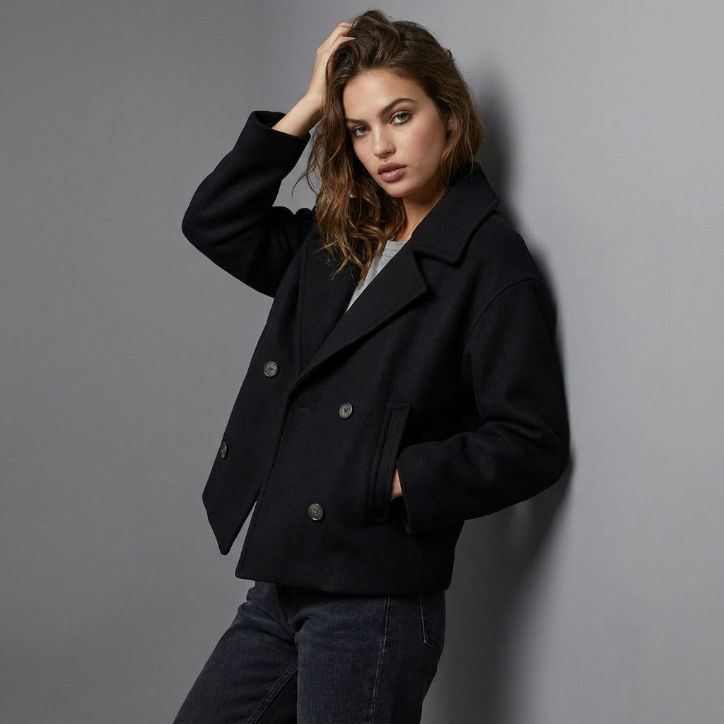 Manteau court femme coupe carrée croisée à boutons