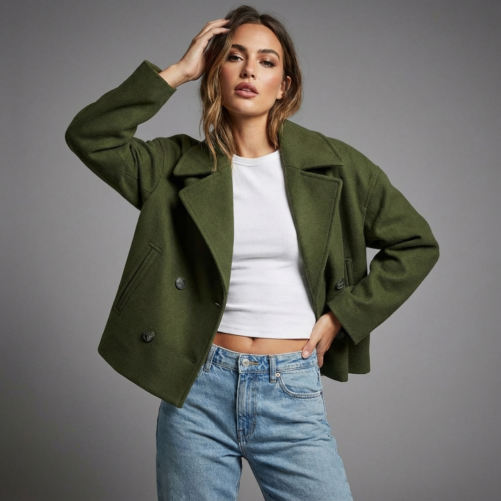 Manteau court femme coupe carrée croisée à boutons