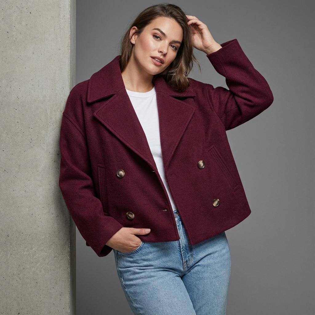 Manteau court femme coupe carrée croisée à boutons