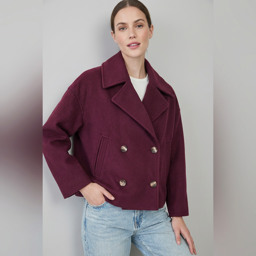 Manteau court femme coupe carrée croisée à boutons