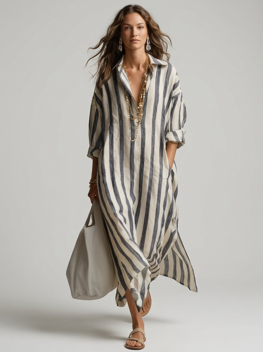 Maréa | Robe-chemise longue à rayures, coupe ample et col en V 0