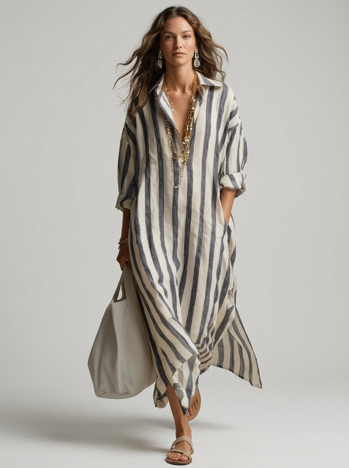 Maréa | Robe-chemise longue à rayures, coupe ample et col en V 0