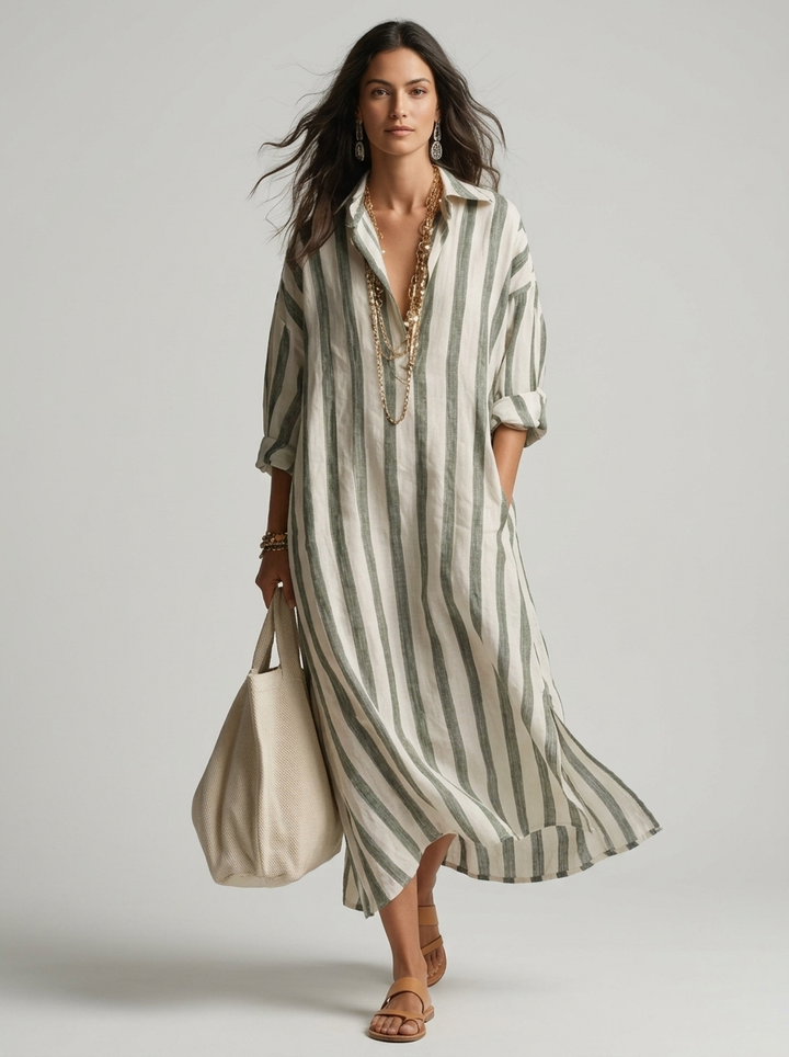 Maréa | Robe-chemise longue à rayures, coupe ample et col en V 2