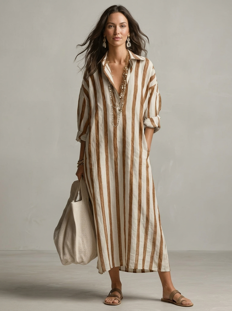Maréa | Robe-chemise longue à rayures, coupe ample et col en V 3