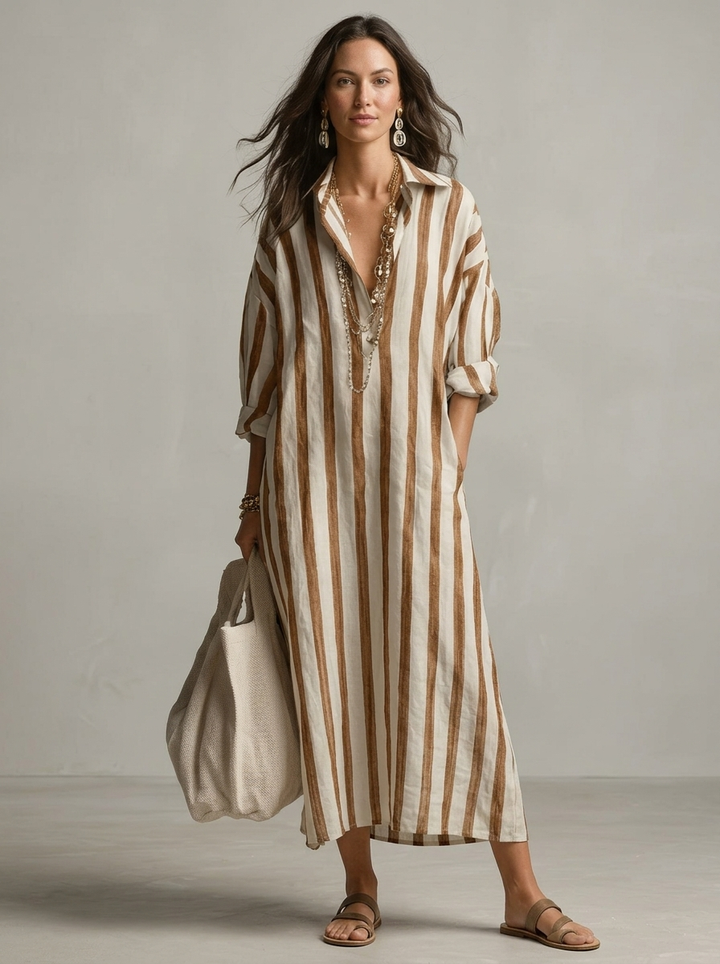 Maréa | Robe-chemise longue à rayures, coupe ample et col en V 3