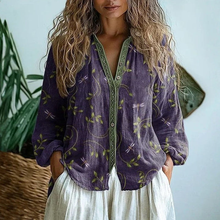 Maud - Chemisier bohème en lin pour femme, imprimé floral et col en V 0