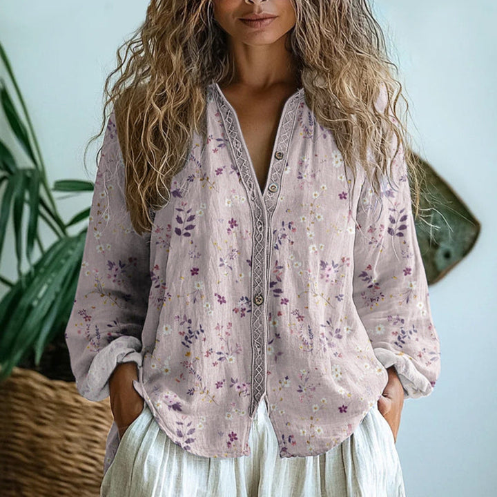 Maud - Chemisier bohème en lin pour femme, imprimé floral et col en V 1