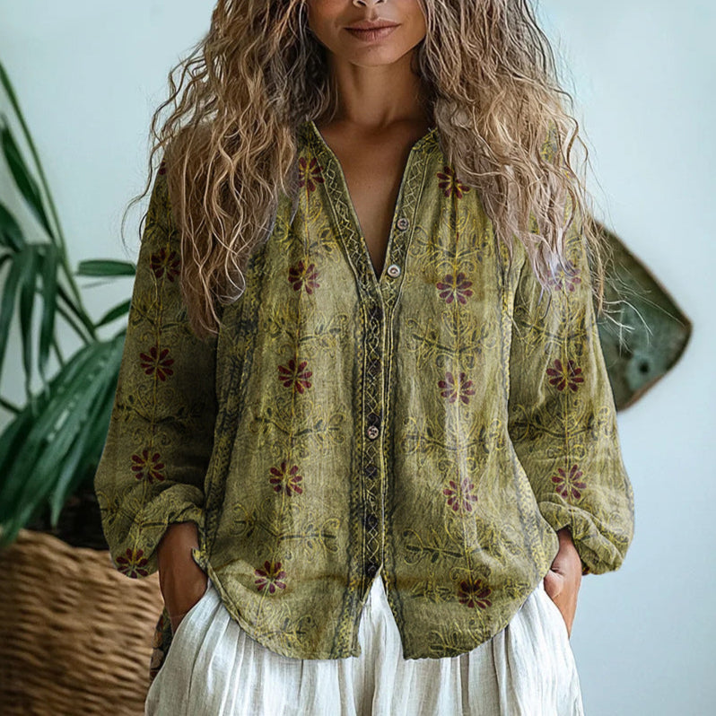 Maud - Chemisier bohème en lin pour femme, imprimé floral et col en V 2