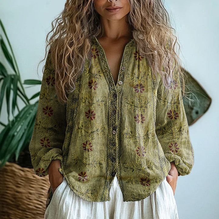 Maud - Chemisier bohème en lin pour femme, imprimé floral et col en V 2