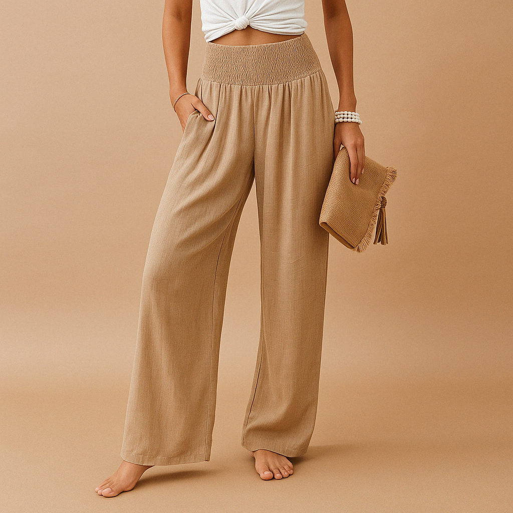 Pantalon en lin élégant taille haute pour femme – Pantalon décontracté élastique 0