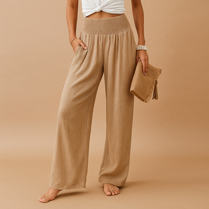 Pantalon en lin élégant taille haute pour femme – Pantalon décontracté élastique 0