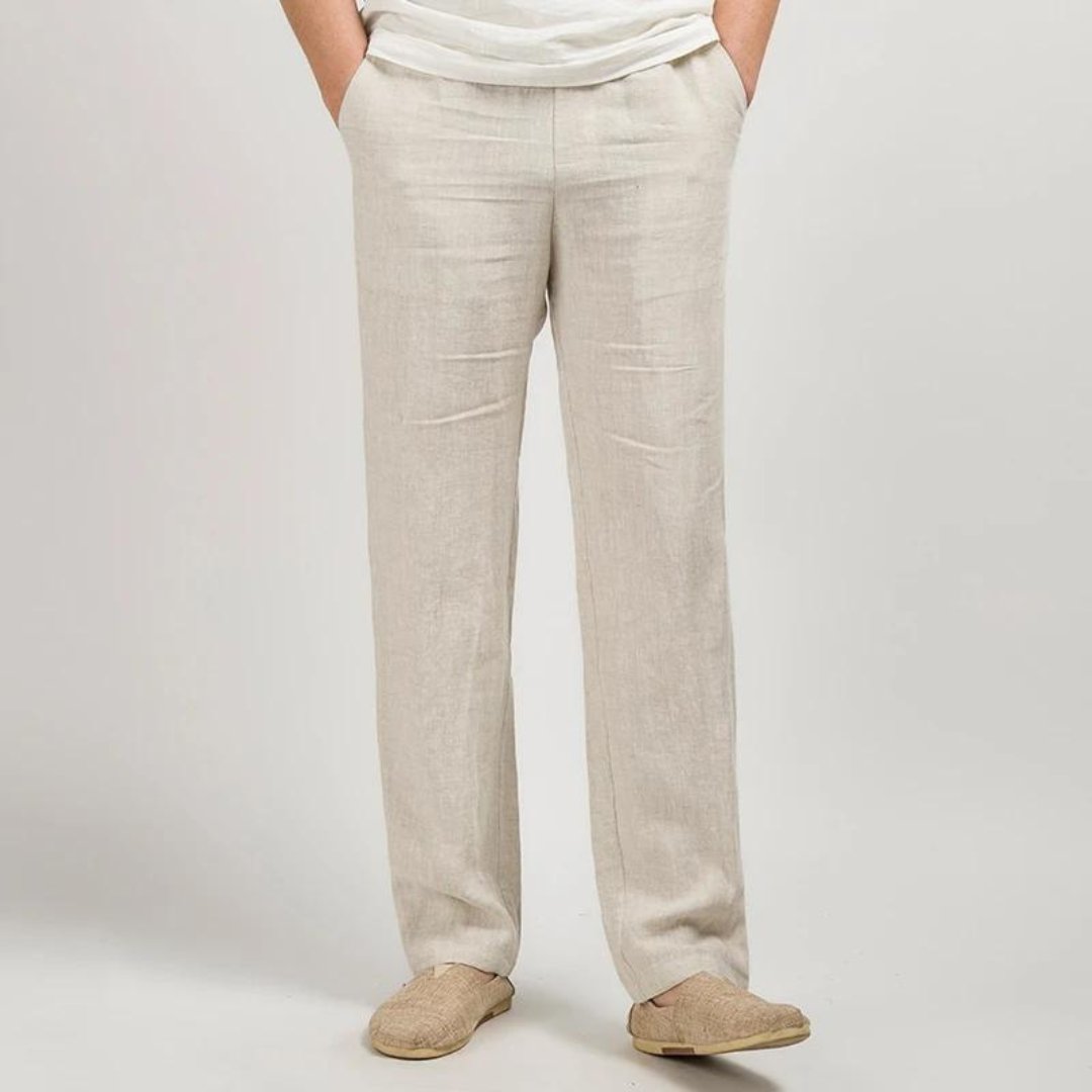 Pantalon en lin pour homme | Jambe droite, taille élastique, style décontracté 0