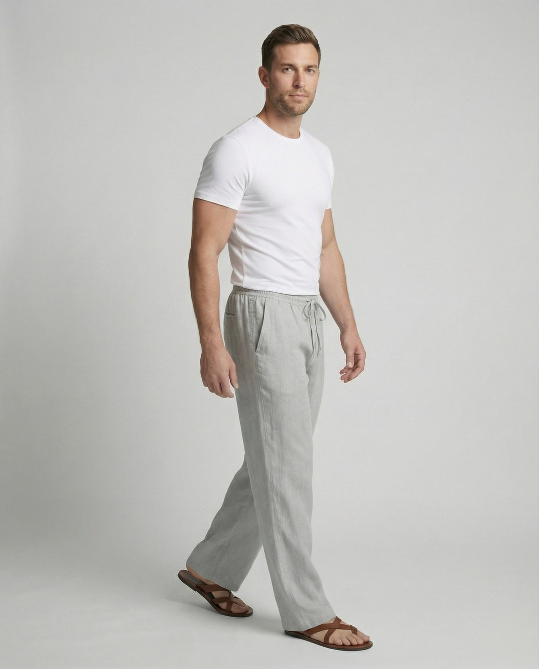 Pantalon en lin pour homme, coupe ample, décontracté 2