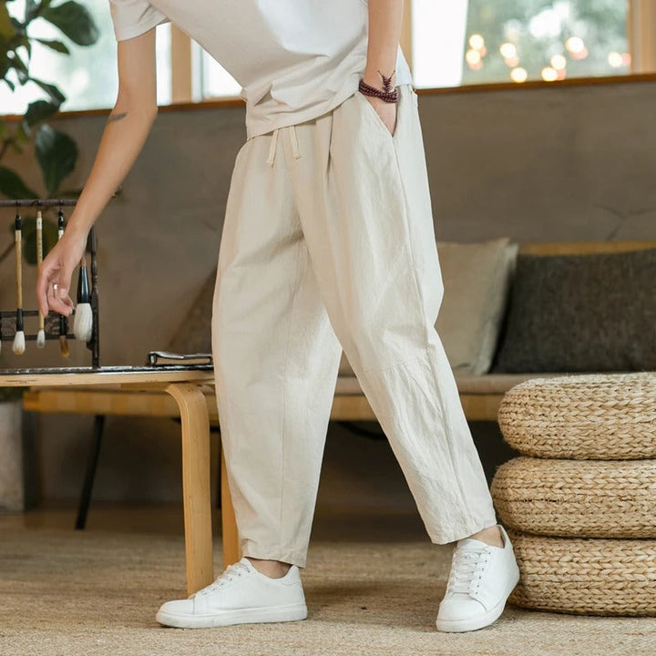 Pantalon fuselé en lin pour homme | Jambe raccourcie avec cordon de serrage 0