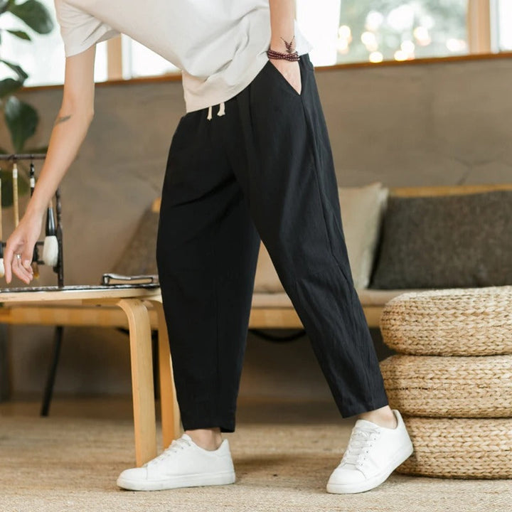 Pantalon fuselé en lin pour homme | Jambe raccourcie avec cordon de serrage 1