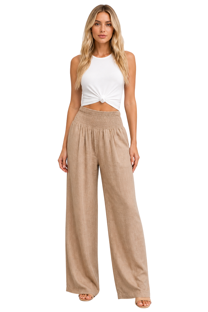Pantalon large en lin pour femme avec taille élastique froncée 0