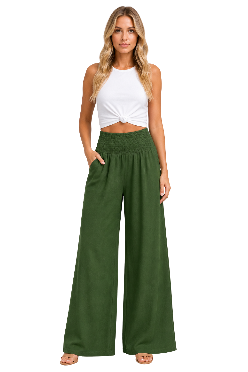 Pantalon large en lin pour femme avec taille élastique froncée 2
