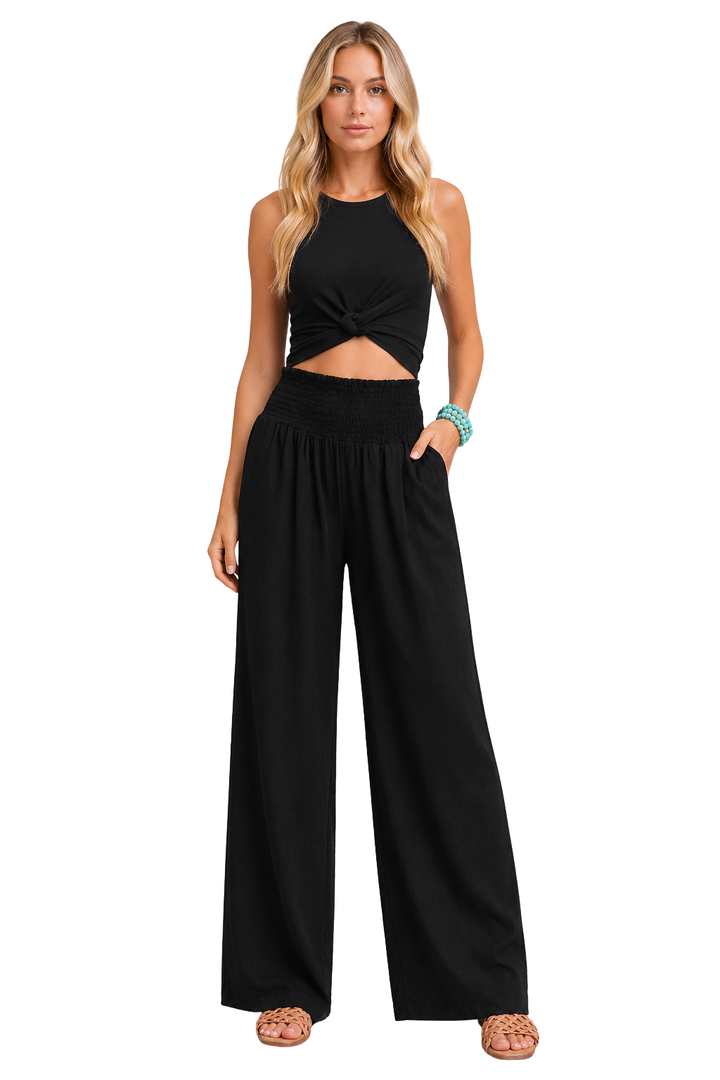Pantalon large en lin pour femme avec taille élastique froncée 5