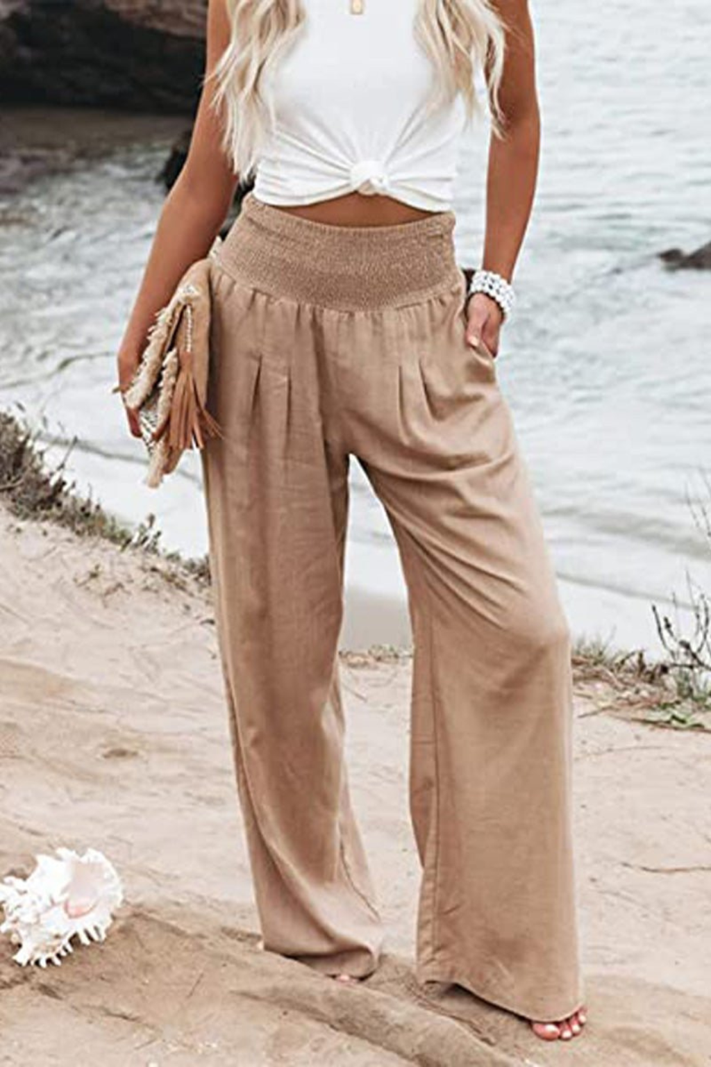 Pantalon large en lin pour femme avec taille élastique froncée 6