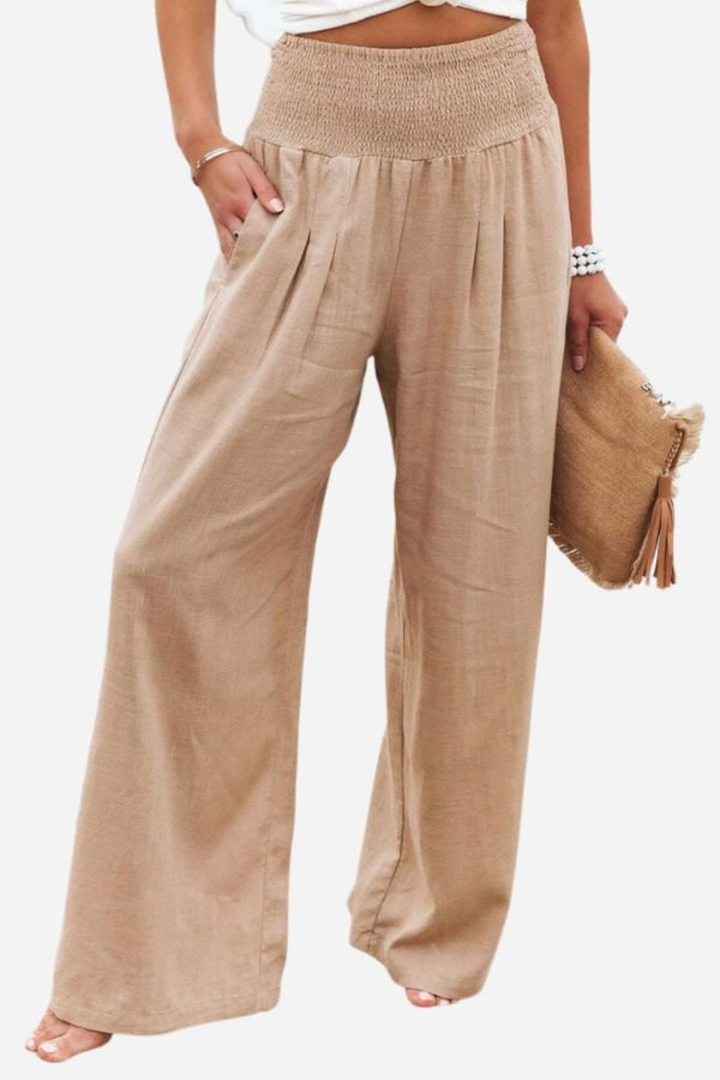 Pantalon large en lin pour femme avec taille élastique froncée 8
