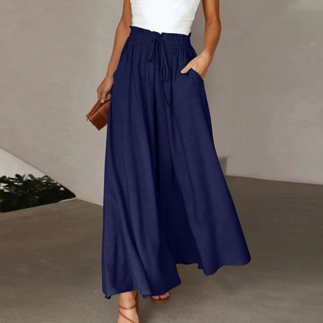 Pantalon palazzo en lin pour femme | Taille haute à nouer, jambes larges et poches 0