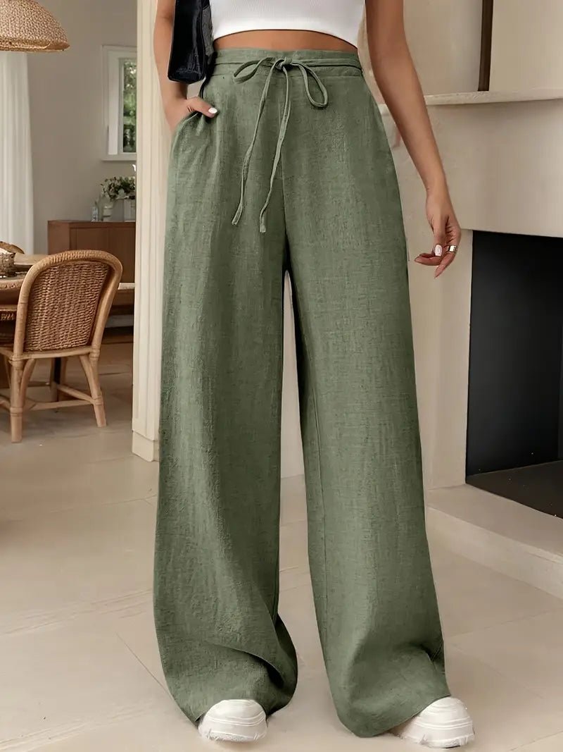 Pantalon palazzo en lin pour femme | Taille haute avec cordon de serrage, jambes larges 0