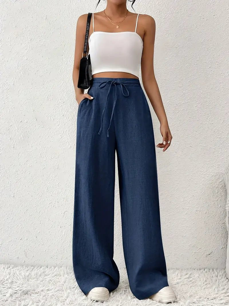 Pantalon palazzo en lin pour femme | Taille haute avec cordon de serrage, jambes larges 1