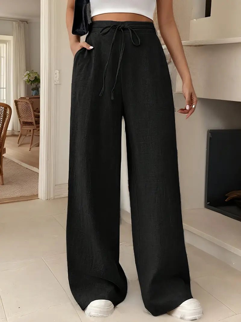 Pantalon palazzo en lin pour femme | Taille haute avec cordon de serrage, jambes larges 2