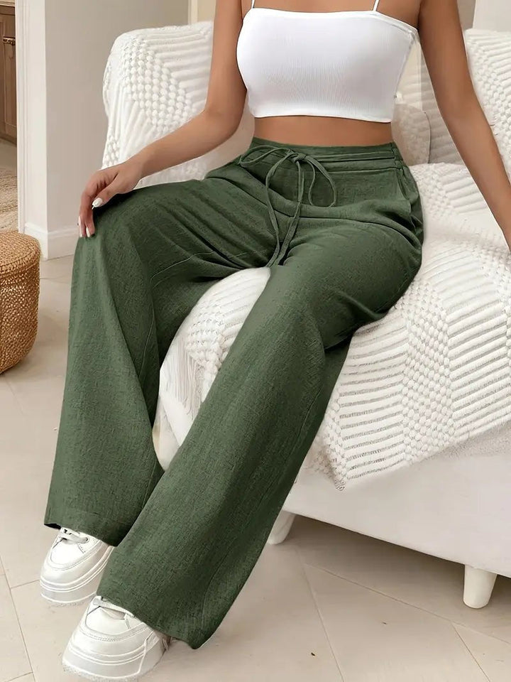 Pantalon palazzo en lin pour femme | Taille haute avec cordon de serrage, jambes larges 4