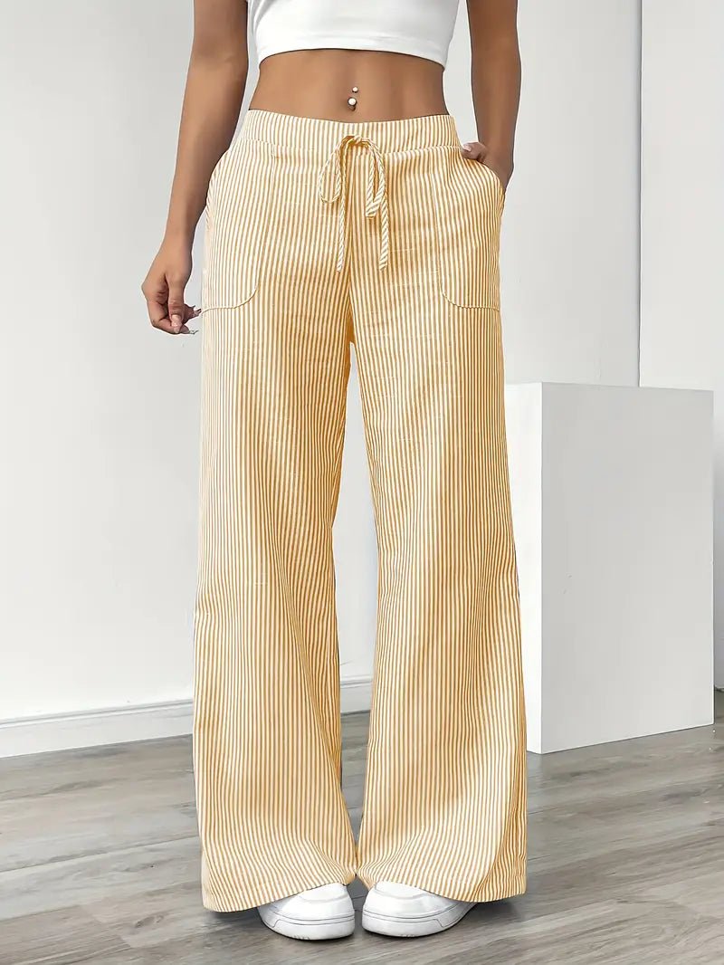 Pantalon rayé en lin pour femme | Jambes larges avec poches à cordon 0