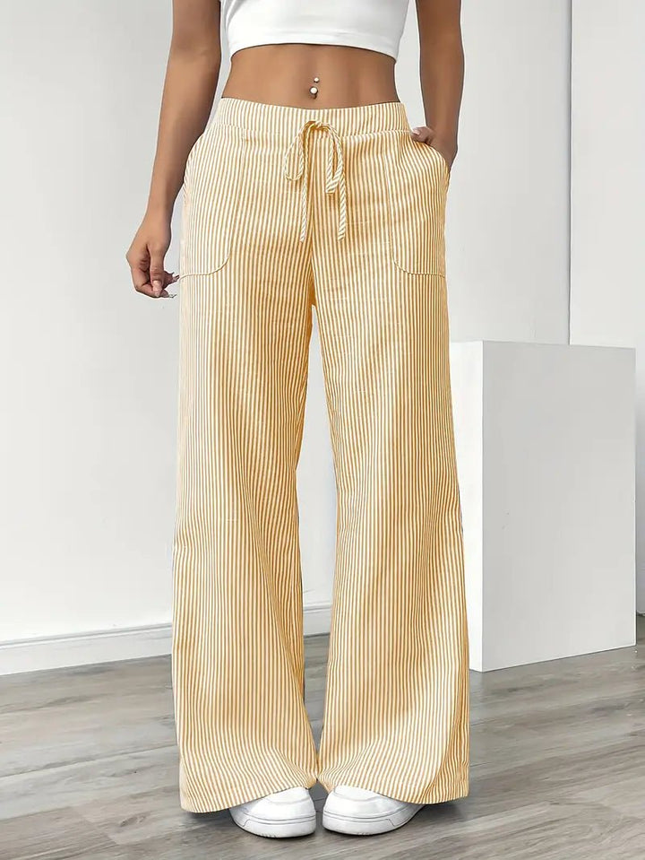 Pantalon rayé en lin pour femme | Jambes larges avec poches à cordon 0