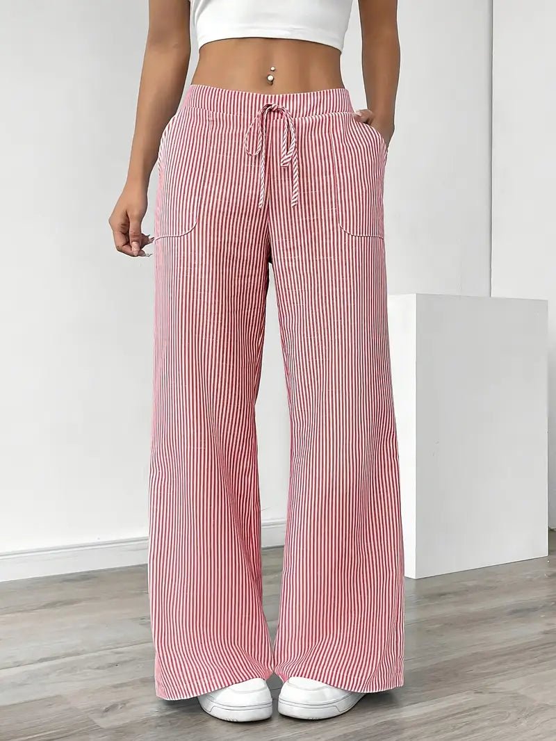 Pantalon rayé en lin pour femme | Jambes larges avec poches à cordon 1