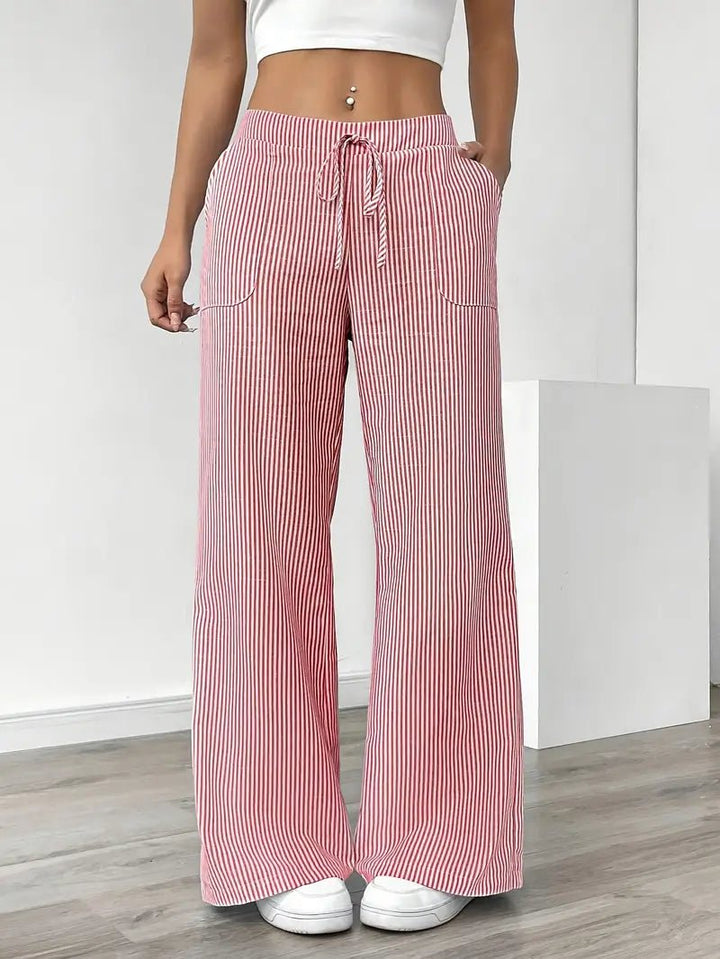 Pantalon rayé en lin pour femme | Jambes larges avec poches à cordon 1