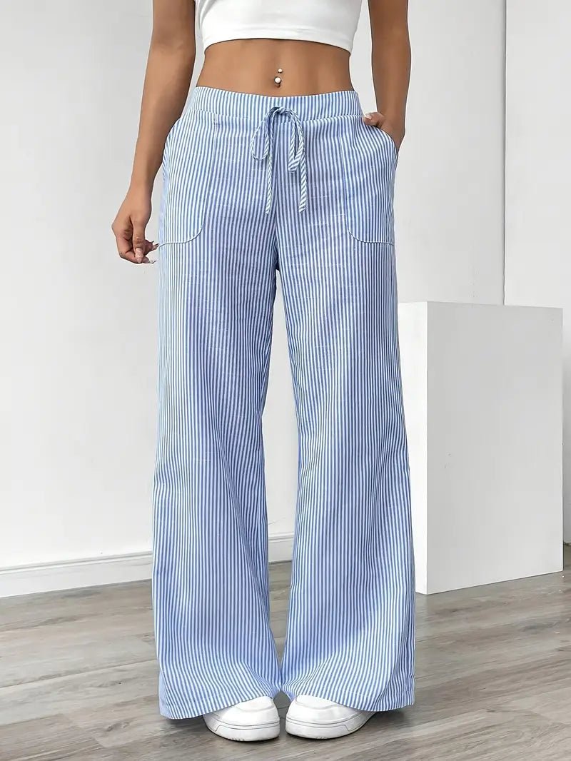 Pantalon rayé en lin pour femme | Jambes larges avec poches à cordon 2