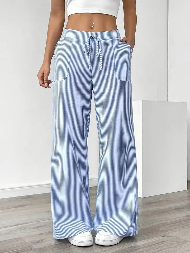 Pantalon rayé en lin pour femme | Jambes larges avec poches à cordon 2