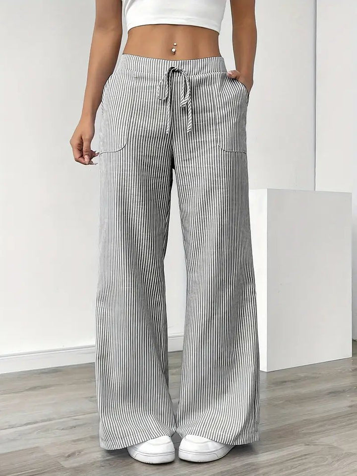 Pantalon rayé en lin pour femme | Jambes larges avec poches à cordon 3