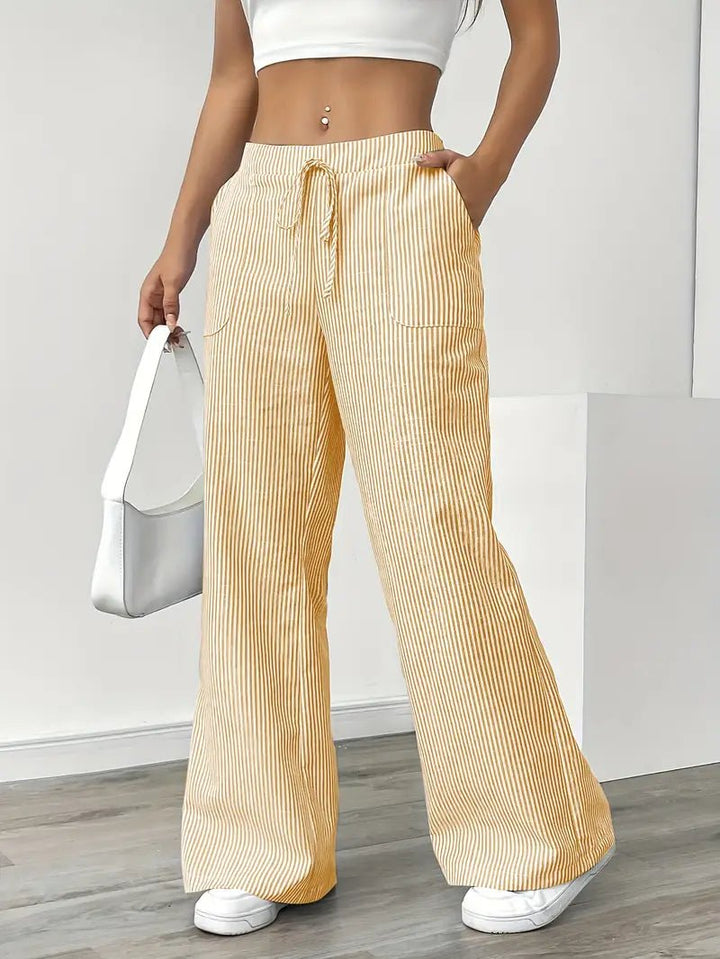 Pantalon rayé en lin pour femme | Jambes larges avec poches à cordon 4