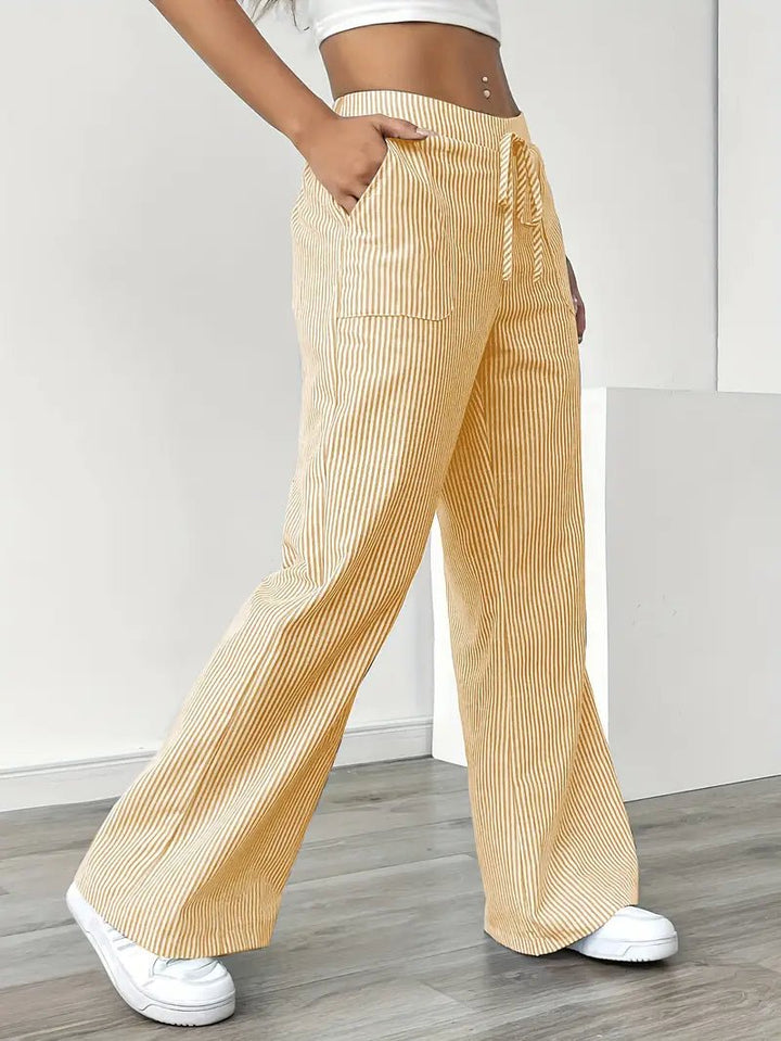 Pantalon rayé en lin pour femme | Jambes larges avec poches à cordon 6