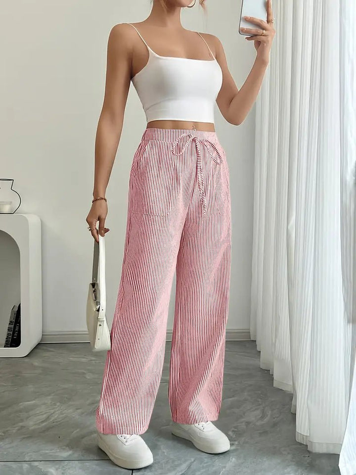 Pantalon rayé en lin pour femme | Jambes larges avec poches à cordon 7